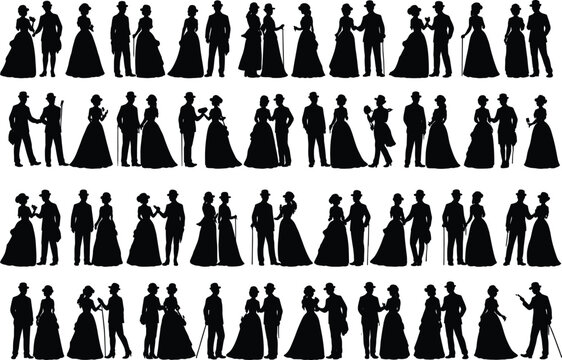 Elegant Victorian era couples silhouettes dancing and standing together, classic men and women figures in formal dresses, vintage black vector illustration isolated on white background