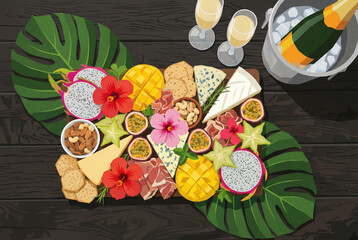 A top view illustration of a tropical charcuterie board with exotic fruit, cheese, and champagne. Perfect for a summer party or a romantic celebration.