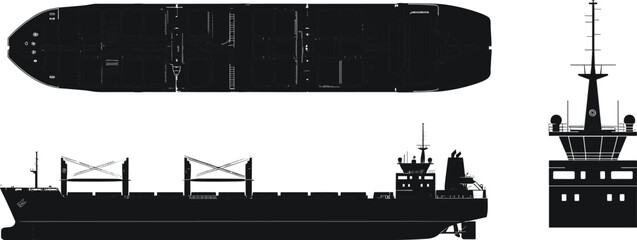 Detailed black cargo ship silhouette set featuring side view, top down plan, and front elevation isolated on white for maritime logistics and global trade. © Monjurul