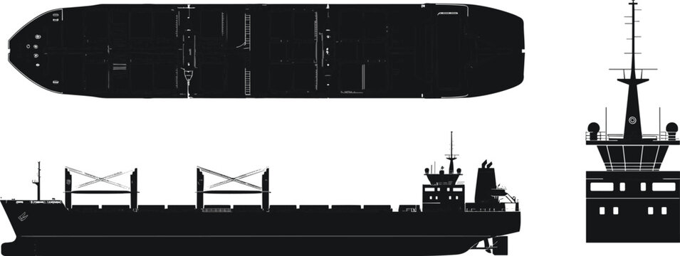 Detailed black cargo ship silhouette set featuring side view, top down plan, and front elevation isolated on white for maritime logistics and global trade.