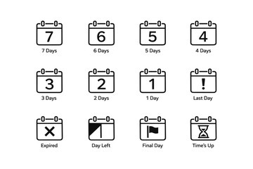 Minimalist calendar countdown icons displaying days remaining and deadlines