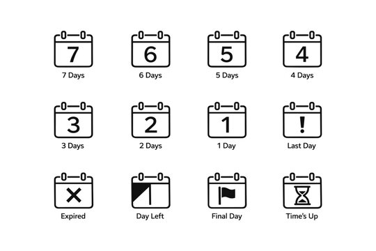 Minimalist calendar countdown icons displaying days remaining and deadlines
