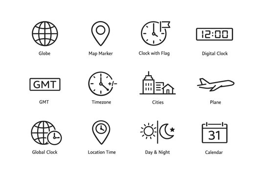 Global time icons set: clock, map, and calendar symbols for scheduling