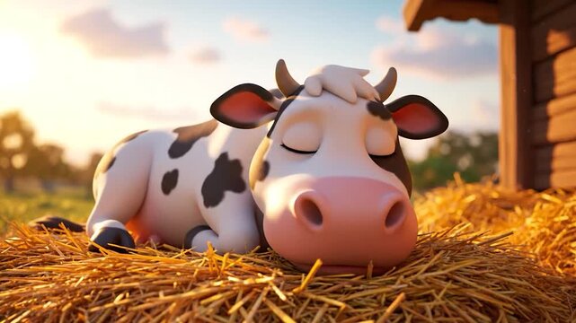 A cartoon cow rests peacefully on hay, near a wooden structure, in a sunny outdoor setting