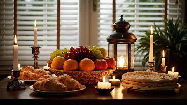 A candlelit table showcases a fruit basket, bread, croissants, and glowing lantern