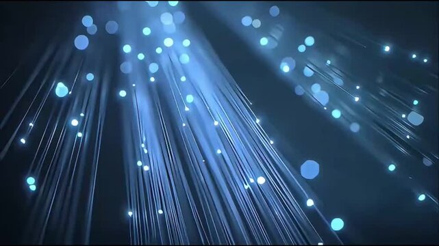 Abstract blue fiber optic network transmitting data signals and digital light particles on a dark background