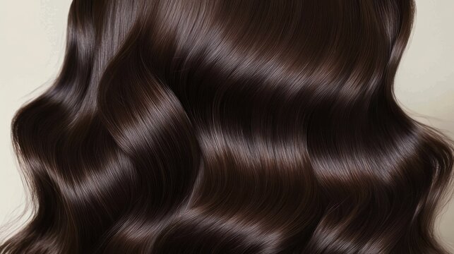 Close-up of glossy, wavy dark brown hair.