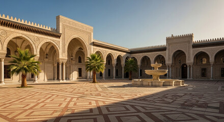 Fototapeta premium Historic Islamic Mosque Courtyard Featuring Ornate Arches, a Serene Fountain, and Sunny Sky