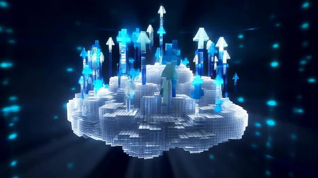 Ethereal digital cloud formation made of pixels and polygons representing cloud computing technology.
