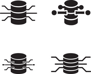 Solid Black Database Integration Icon Set with Connection Lines for Data Management Concept For App Developer