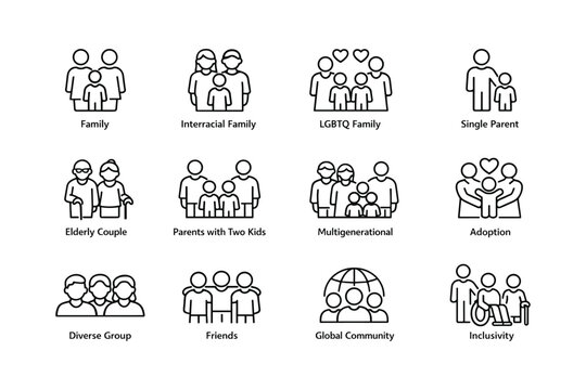 Inclusive family symbols: diverse, lgbtq, multigenerational, adoption, community icons