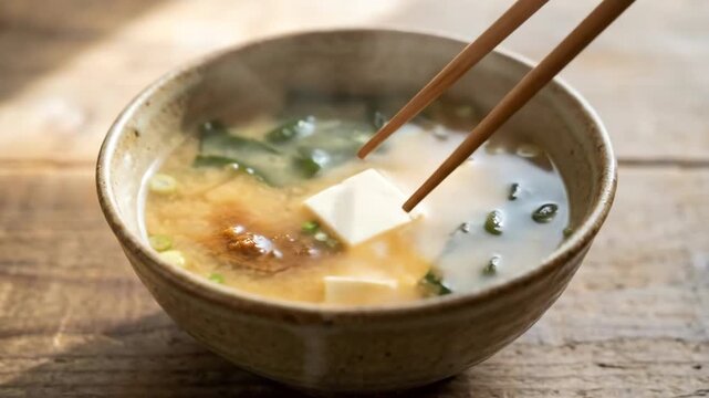 Authentic steaming miso soup with tofu held by chopsticks in sunlight.
