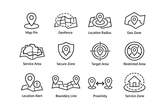 Geolocation icons set featuring map pin, geofence, and location radius symbols