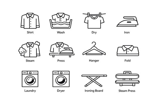 Laundry symbols: shirt, wash, dry, ironing, folding, and laundry equipment icons