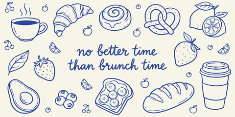 Brunch food doodle icons background vector with hand drawn breakfast snacks drinks and bakery elements sketch style illustration for cafe menu poster print use
