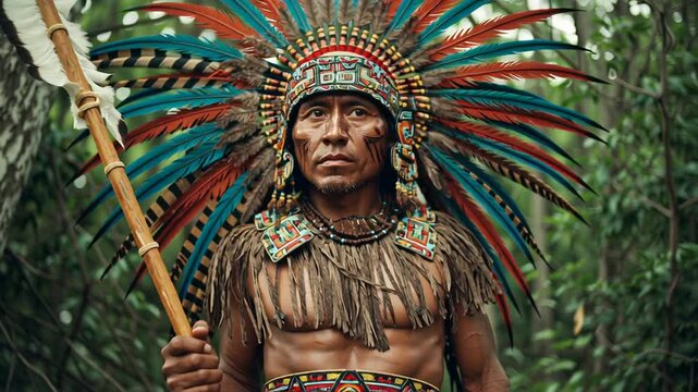 4k video of a native american person. Concept of aztec and maya culture.