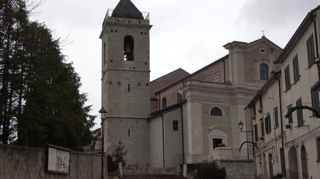 Historic architecture and mountains in Capracotta, one of the highest towns in the Italian Apennines.