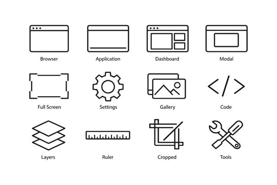 Web interface icons: browser, dashboard, settings, gallery, tools, layers, code, full screen, modal