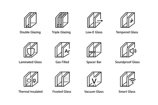 Illustrated icons of double, triple glazing and other glass types