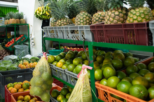 Fresh Fruits and Vegetables Displayed in a Market Setting