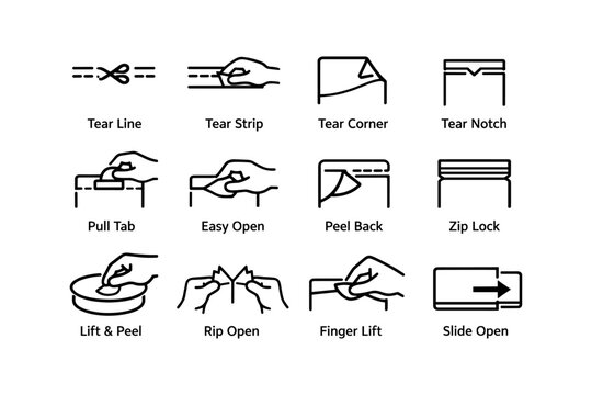 Various package opening methods illustrated with simple icons
