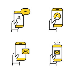 Fototapeta premium Vector illustration of hand and yellow smartphone showing digital interaction, flat minimal design on white background. Phone chat outline icons, minimalist vector illustration ,simple transparent.