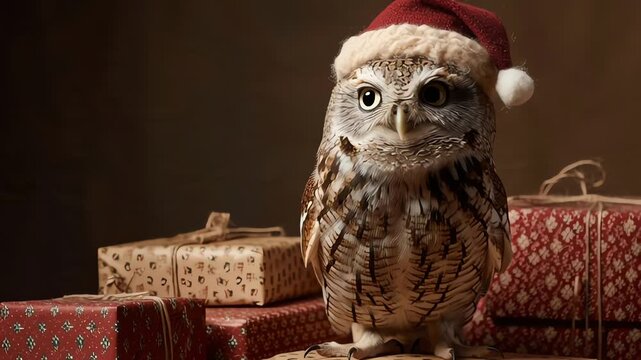Owl Wearing Santa Hat with Gifts.