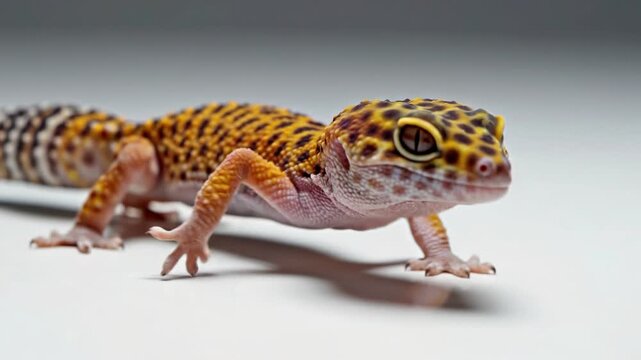 Leopard gecko walking on white background