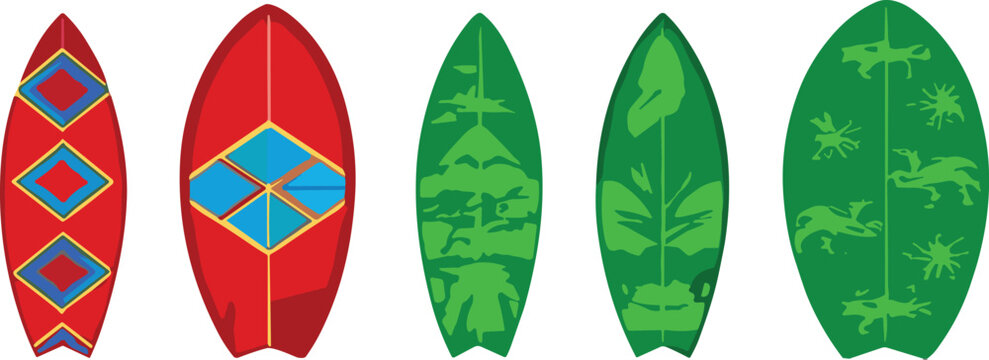 Colorful tropical surfboard vector set featuring abstract patterns, palm leaf silhouettes, and modern decorative summer beach design collection