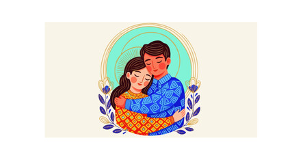 Romantic Couple Hugging in Folk Art Style Illustration with Floral Frame