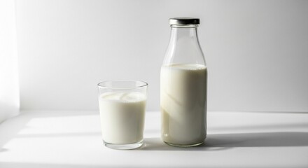 Fresh Organic Milk in Glass Bottle and Glass Cup on White Background