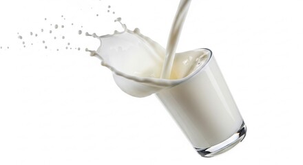 Fresh Milk Pouring into Glass with Splash Isolated on White Background