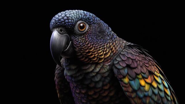 A close-up view of a vibrant parrot with detailed feathers, on a black background