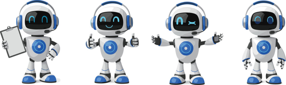 Cute cartoon robot character vector set featuring friendly futuristic android mascots technology illustration collection