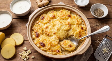 Creamy potato gratin dauphinois in baking dish with ingredients