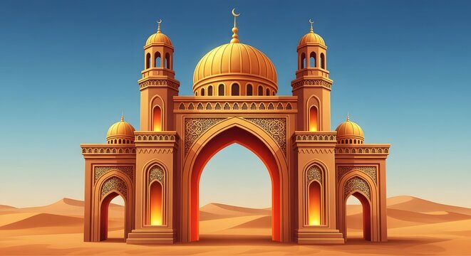 Ramadan kareem eid mobarak a majestic mosque gateway in the desert