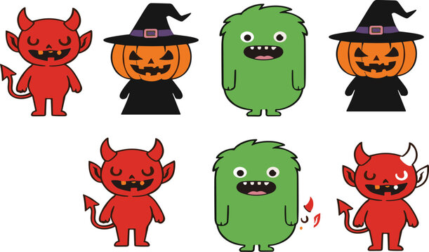Cute Halloween monster and devil characters collection with pumpkin witch costumes cartoon vector illustration set