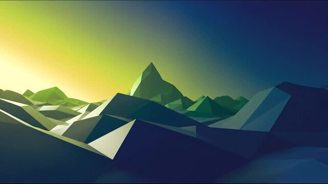 A low poly landscape depicts layered mountains, with a gradient sky from yellow to dark blue