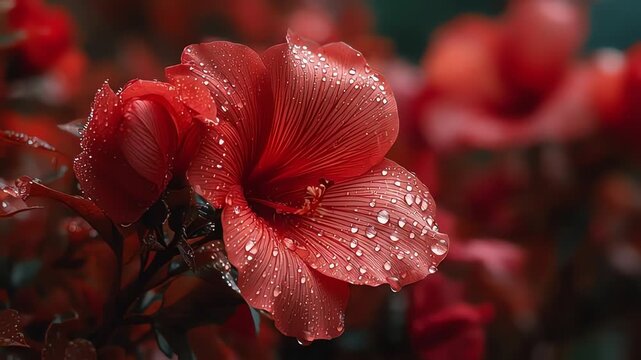 Red flower with water droplets on petals.