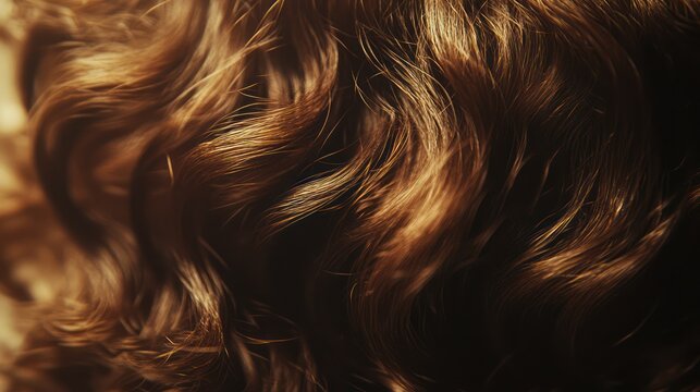 Close-up of wavy, auburn hair texture.