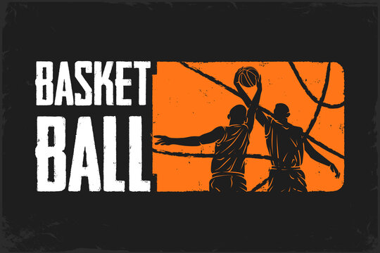 Grunge basketball poster with bold text and two players battling at the rim, perfect for March Madness college hoops hype , fan gear