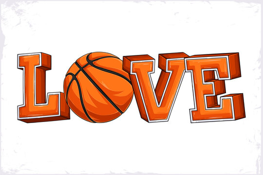 Bold orange LOVE word art where the O is a basketball, celebrating March Madness passion and true hoops fans&rsquo; love for the game.
