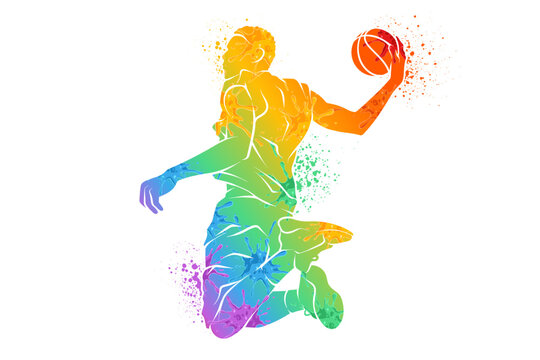Vibrant abstract rainbow silhouette of a basketball player dunking with shiny watercolor splashes, for March Madness college hoops stars and athletic power.