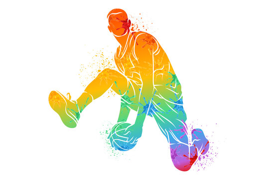 Colorful abstract Rainbow silhouette of basketball player leaping with ball and shiny watercolor splashes, for March Madness athletic energy, vibrant tournament action.