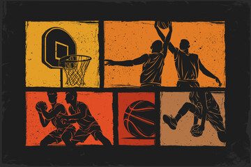 Orange gradient Grunge sunset vintage panels silhouettes showcasing hoop, pass, dribble, and jump actions, March Madness posters, game day graphics © asgraphics13