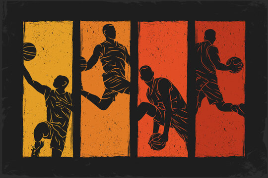 Orange gradient Grunge sunset vintage panels silhouettes of basketball players in action poses, March Madness hype and college tournament intensity.