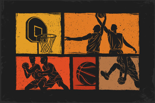 Orange gradient Grunge sunset vintage panels silhouettes showcasing hoop, pass, dribble, and jump actions, March Madness posters, game day graphics