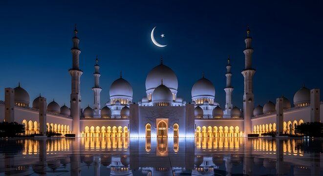 Ramadan kareem eid mobarak a peaceful mosque at night under crescent moonlight