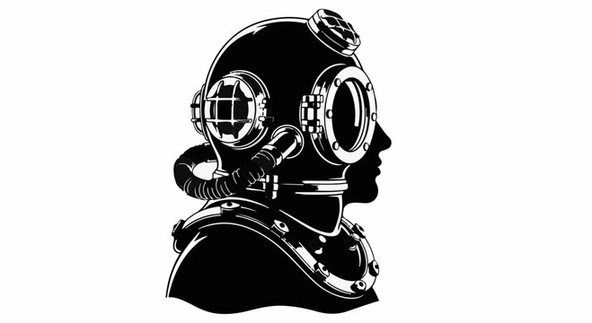 Vintage diver's helmet profile silhouette on white background, evoking adventure and exploration.