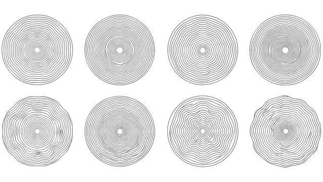 Collection of eight abstract circular tree ring patterns features unique concentric line designs for wood texture or natural growth themes.